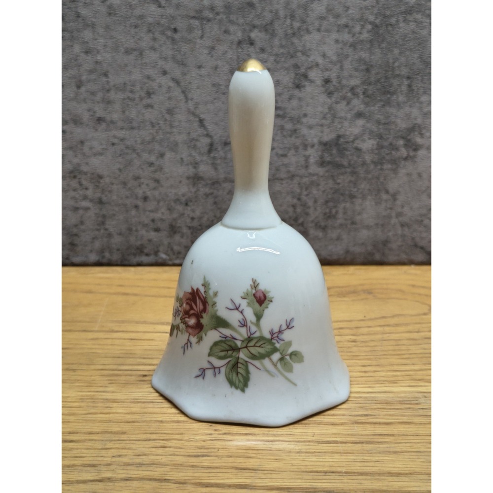 Vintage‎ Tislo Porcelain Bell Rose Floral Gold Tip Dinner Bell Decor